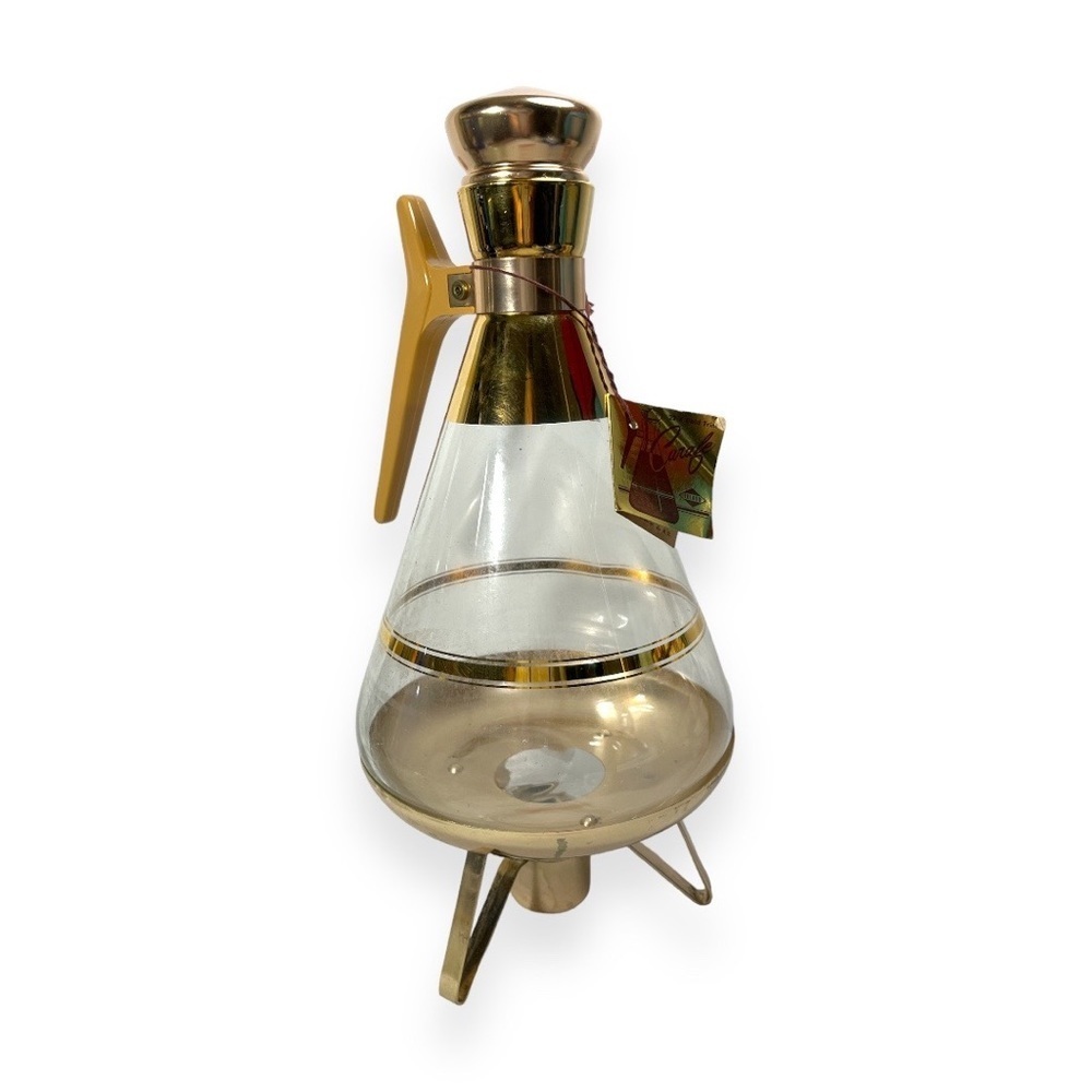 Vtg Mid-Century INLAND Glass Carafe & Warmer 22k Gold Trim Coffee‎ Pot Cork Lid
